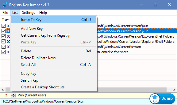 Registry key Jumper List menu